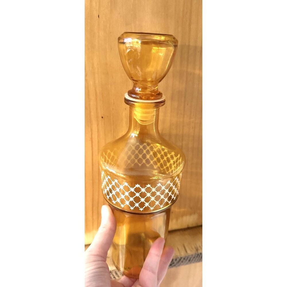 Vintage Amber Glass Diamond White Overlay Decanter Bottle Stopper Genie